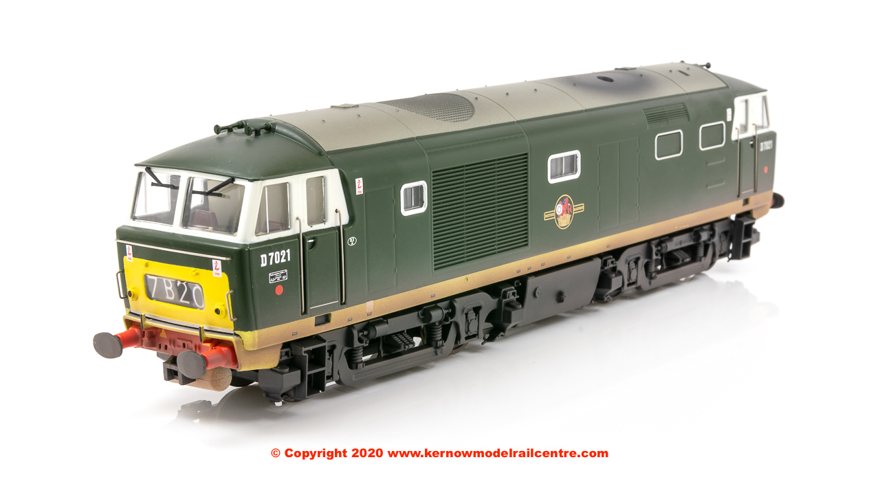 E84002 EFE Rail Hymek Diesel Locomotive number D7021 in BR Green livery with small yellow panel and weathered finish